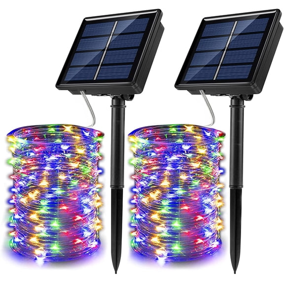 Morttic Solar Fairy String Lights 2 Pack 33 ft 100 LED Outdoor Waterproof 8 Modes Twinkle Upgraded Larger Solar Powered Panels Lights Silver Wire Solar Fairy String Lights Decoration (Multicolor)
