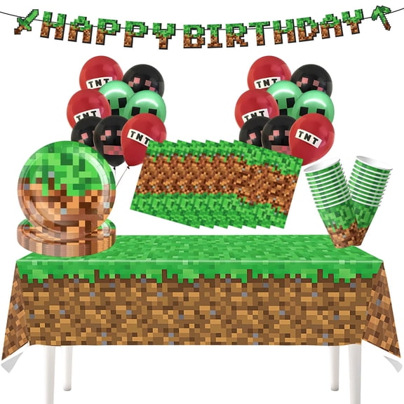 Pixel Game Birthday Party Decorations for Boys Kids, Serves 20 Guests Party Supplies Set: Includes Banner, Tablecloth, Balloons, Plates, Cups, and Napkins, Birthday Party decor Set C113