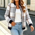 thumbnail image 3 of Women's Plaid Bomber Jacket Zip Up Wool Blend Long Sleeve Warm Fall Winter Coats with Pockets, Ribbed Details (M, Gray), 3 of 7