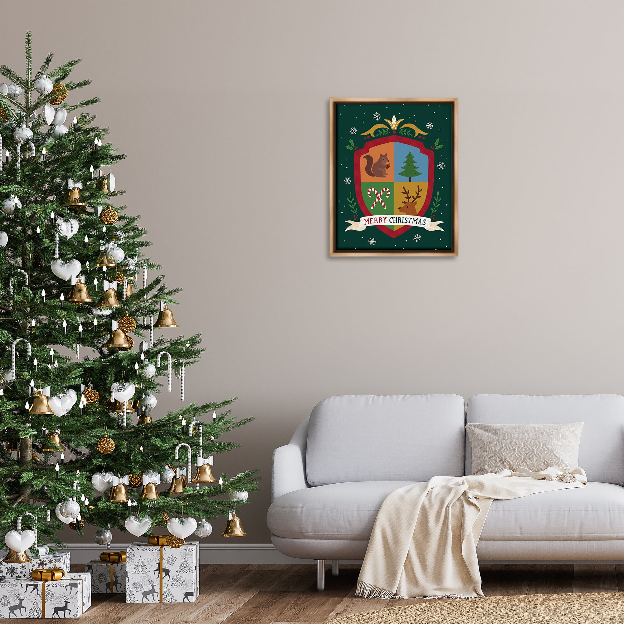 Stupell Industries Merry Christmas Woodland Crest Holiday Painting Brown Floater Framed Canvas Art Prints Wall Art, 25 x 31