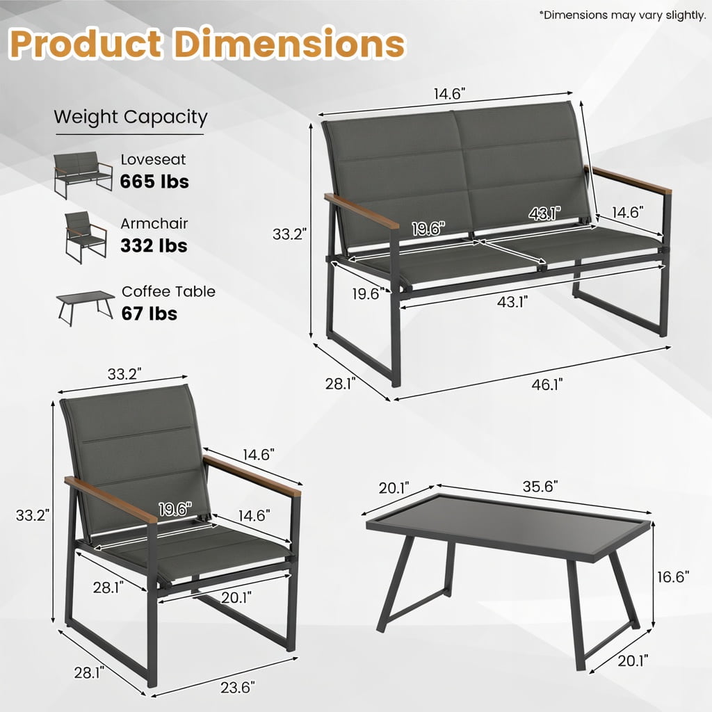 Hommoo 4-Piece Modern Outdoor Patio Furniture Set, Loveseat, 2 Armchairs & Tempered Glass Coffee Table for Backyard, Poolside & Balcony, Gray