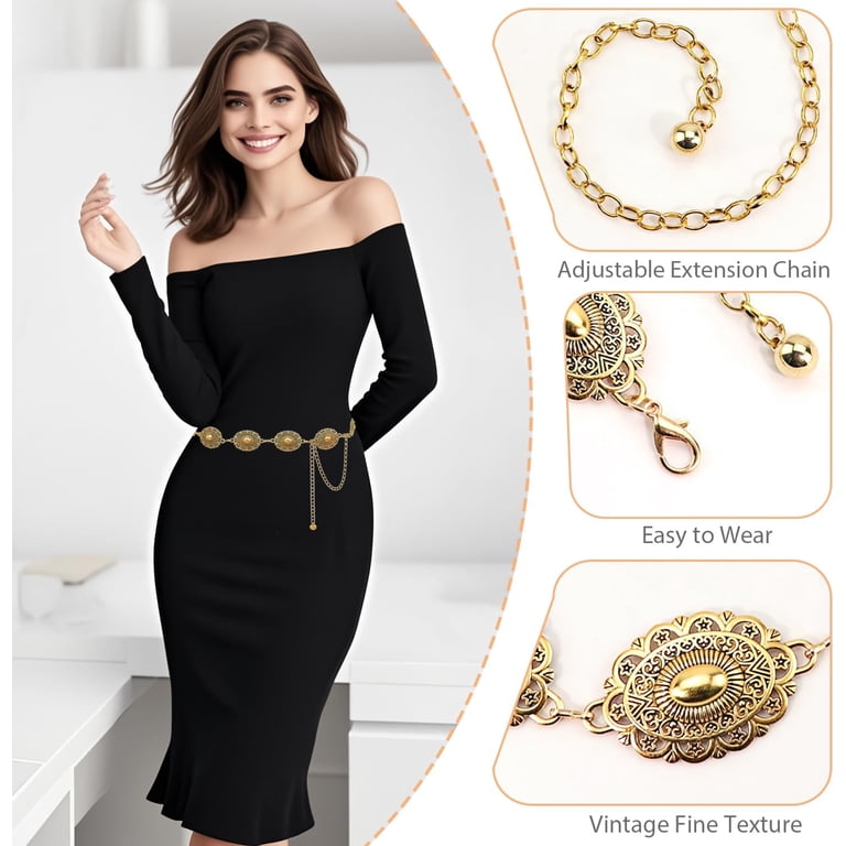 3863 Vintage Chain Belts For Women Western Concho Metal Waist Belt Dresses Vintage Gold Concho Chain Belt: Western Boho Statement Waist  main image 3
