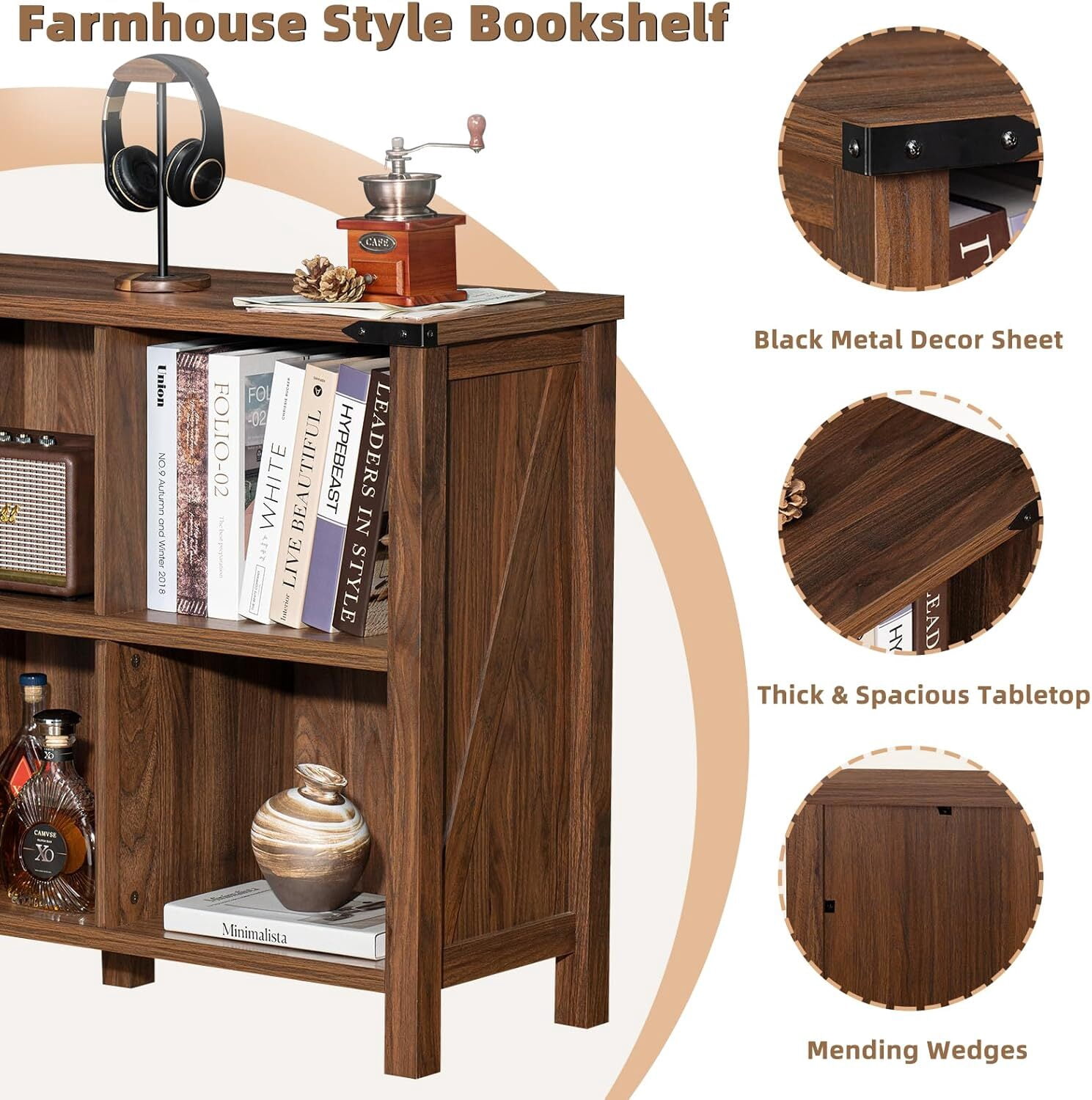 Joaxswe Organizer with Shelf, 6 Cube Storage Organizer Farmhouse Wood Cube Bookcase for Living Room Dark Rustic Brown