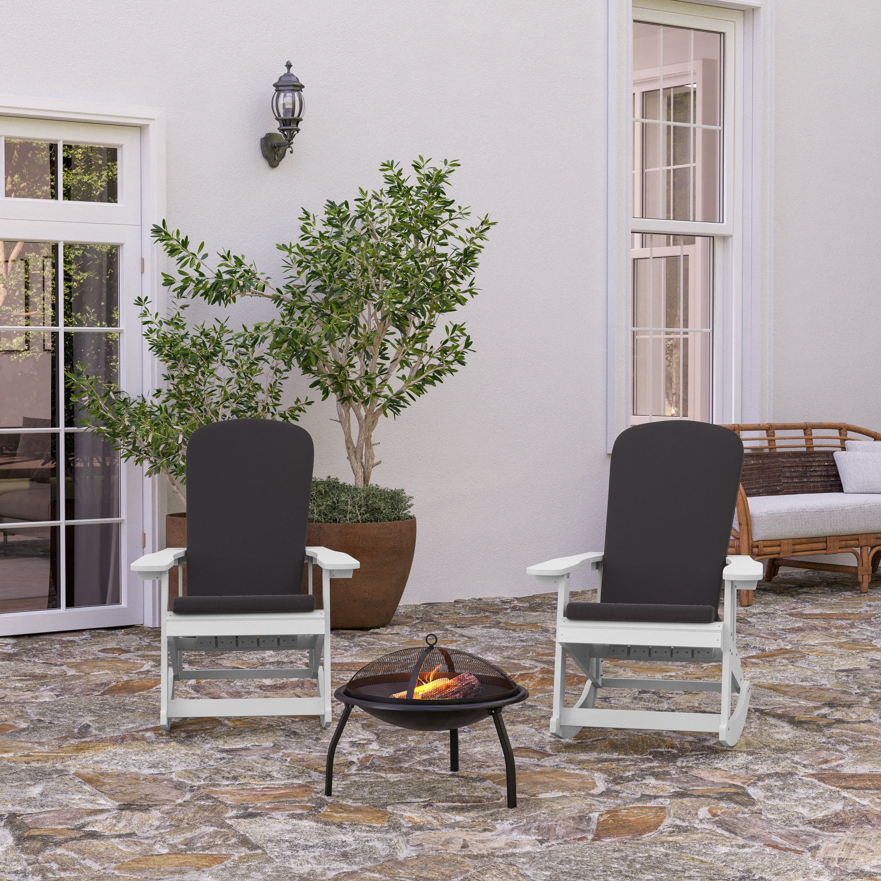 Merrick Lane All-Weather White Polyresin Adirondack Rocking Chair with ...