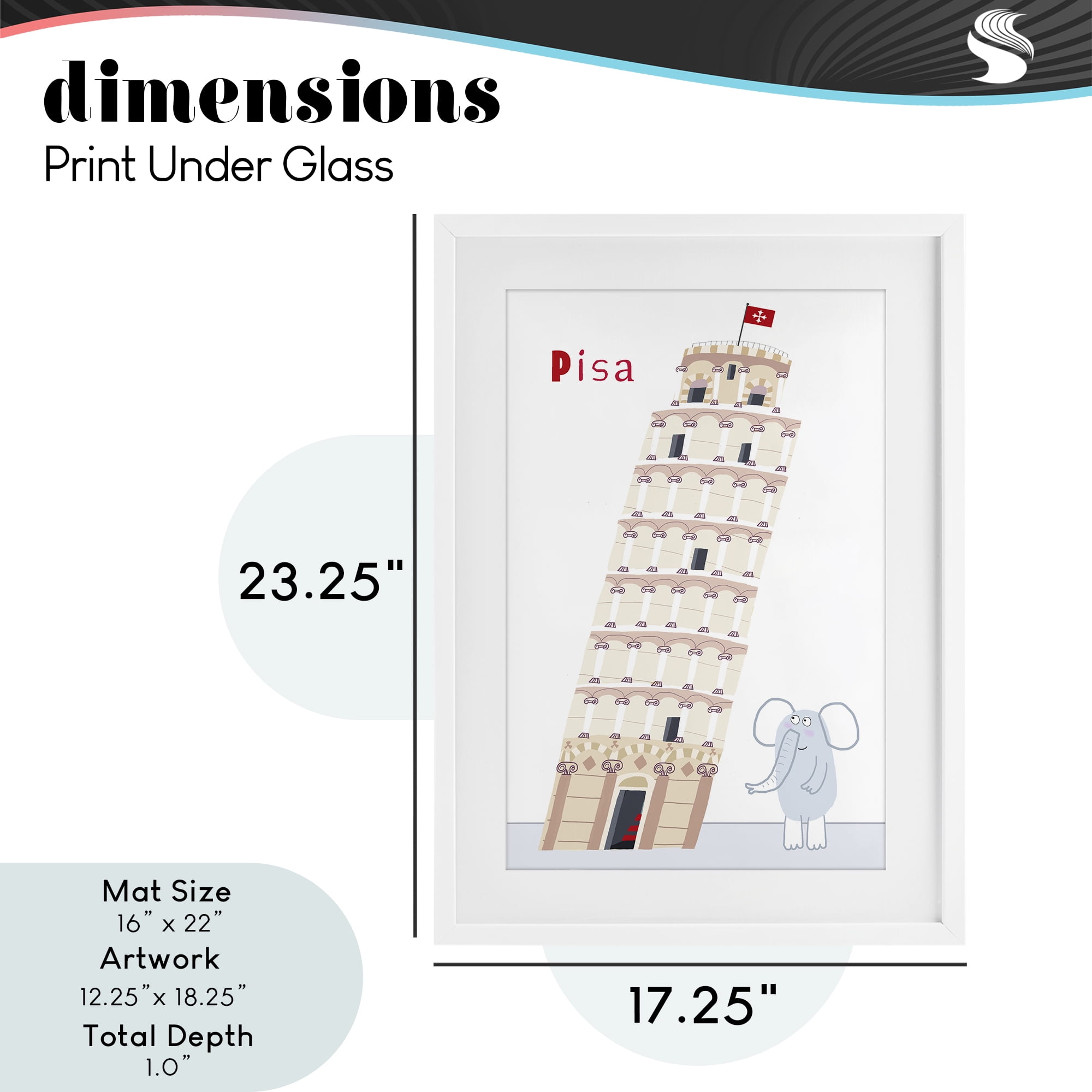 Elephant & Leaning Tower Pisa White Framed Print Under Glass, design by Carla Daly