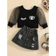 thumbnail image 2 of Seyurigaoka 2Pcs Baby Girls Skirt Set Printed Long Mesh Puff Sleeve Shirts Crew Neck Crop Tops Ripped Buttons Short Denim Skirts for 3M-3Y Kids, 2 of 9