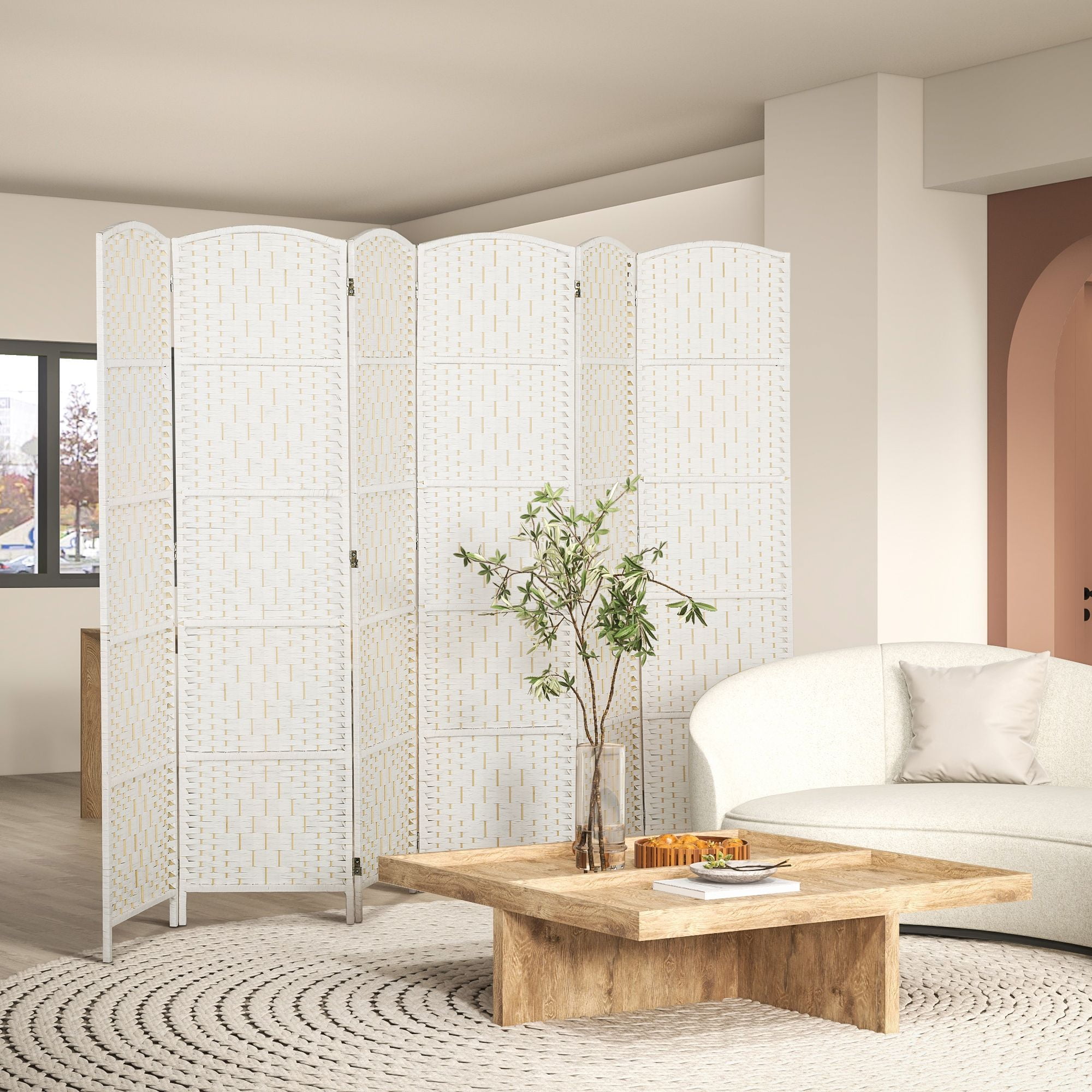 Dranite 6 Panel Folding Room Divider, 6FT Tall Portable Privacy Screen, White Weave Partition Wall for Bedroom