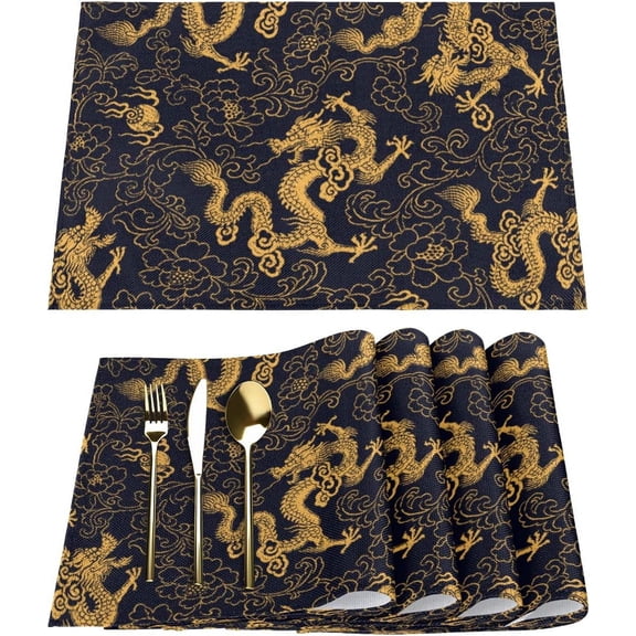 Vintage Dragon Kitchen Table Mats Set of 4, Gold Black Placemats Washable Wipeable Cloth Placemat for Kitchen Dining Table Decoration Indoor Outdoor