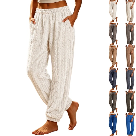 Yotami Womens Cable Knit Plush Jogger Pants Winter Warm Fleece Lounge Pants, Elastic Waist Pajama Pants Beige S