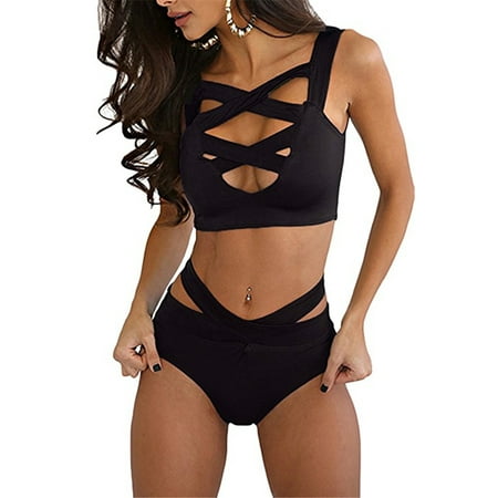Women Sexy Bikini Chest Cross Strap Swimsuit Set Sling Brassiere & Briefs Tie Strap Beach Wear
