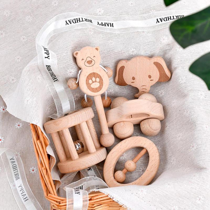 2pcs Baby Natural Wooden Teether Rattle Teething Ring Car Developmental Toys 
