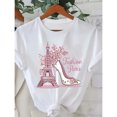 thumbnail image 1 of Camiseta casual de mujer con gráfico de la Torre Eiffel, ajuste suave y holgado, manga corta, cuello redondo, diseño floral y tacón alto, tejido ligero de punto, perfecto para viajes en primaveraveran, 1 of 6