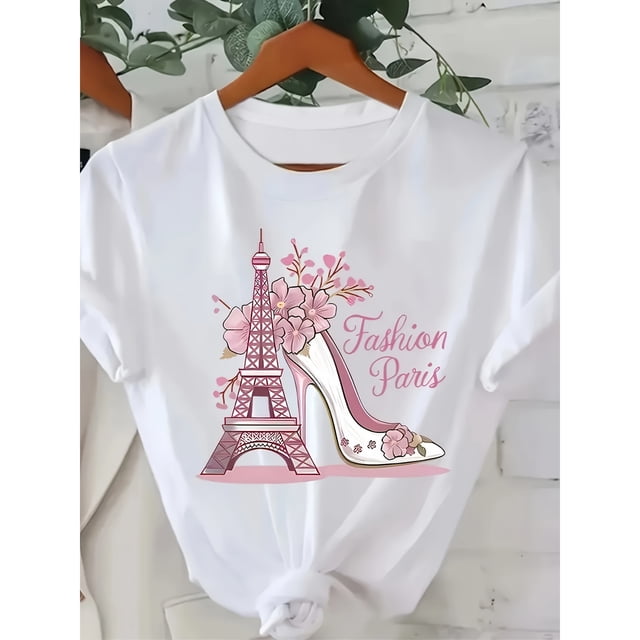 Camiseta casual de mujer con gráfico de la Torre Eiffel, ajuste suave y holgado, manga corta, cuello redondo, diseño floral y tacón alto, tejido ligero de punto, perfecto para viajes en primaveraveran