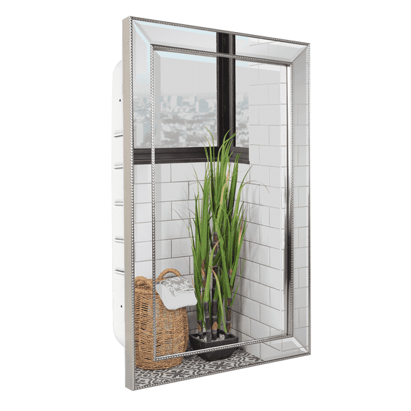 Head West Champagne Silver Beaded Rectangular Framed Beveled Accent Wall Vanity Mirror - 16" x 26"