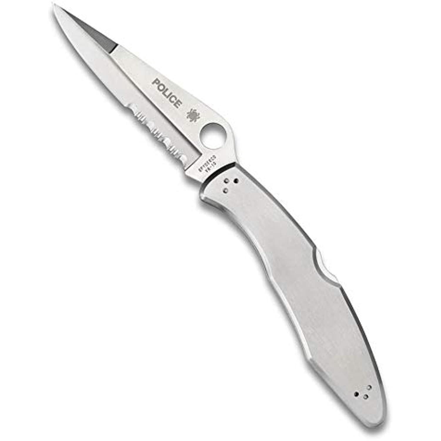 Spyderco Police Folding Knife 4-1/8" VG10 Combo Blade, Stainless Steel Handles, Lockback - C07PS