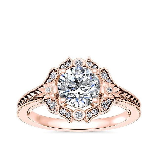0,60 Ct P.t. Rond Naturel Diamond Dernier Design Halo Bague de Fiançailles pour Femmes en Or Rose Massif 14K Taille 8