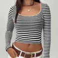 thumbnail image 4 of Women's Y2K Cropped Slim Fit U-Neck Long Sleeve Knit T-Shirt, Two Tone Striped Design Stretchy Comfortable Top for Casual Wear, Daily Outfits and Retro Fashion Style Black L, 4 of 7