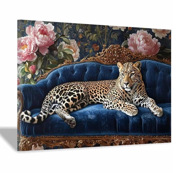Mudket Framed Leopard on Blue Velvet Sofa Canvas Wall Art, Elegant Leopard Print Room Decor for Living Room, Vintage Animal Wall Art, Ready to Hang - 12"L x 8"W