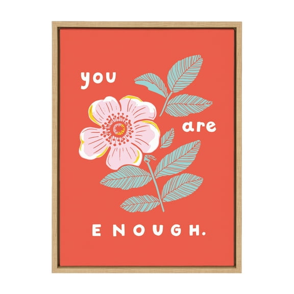Kate and Laurel Sylvie You Are Enough Framed Canvas Wall Art by Maria Filar, 18x24 Natural, Inspirational Floral Art for Wall