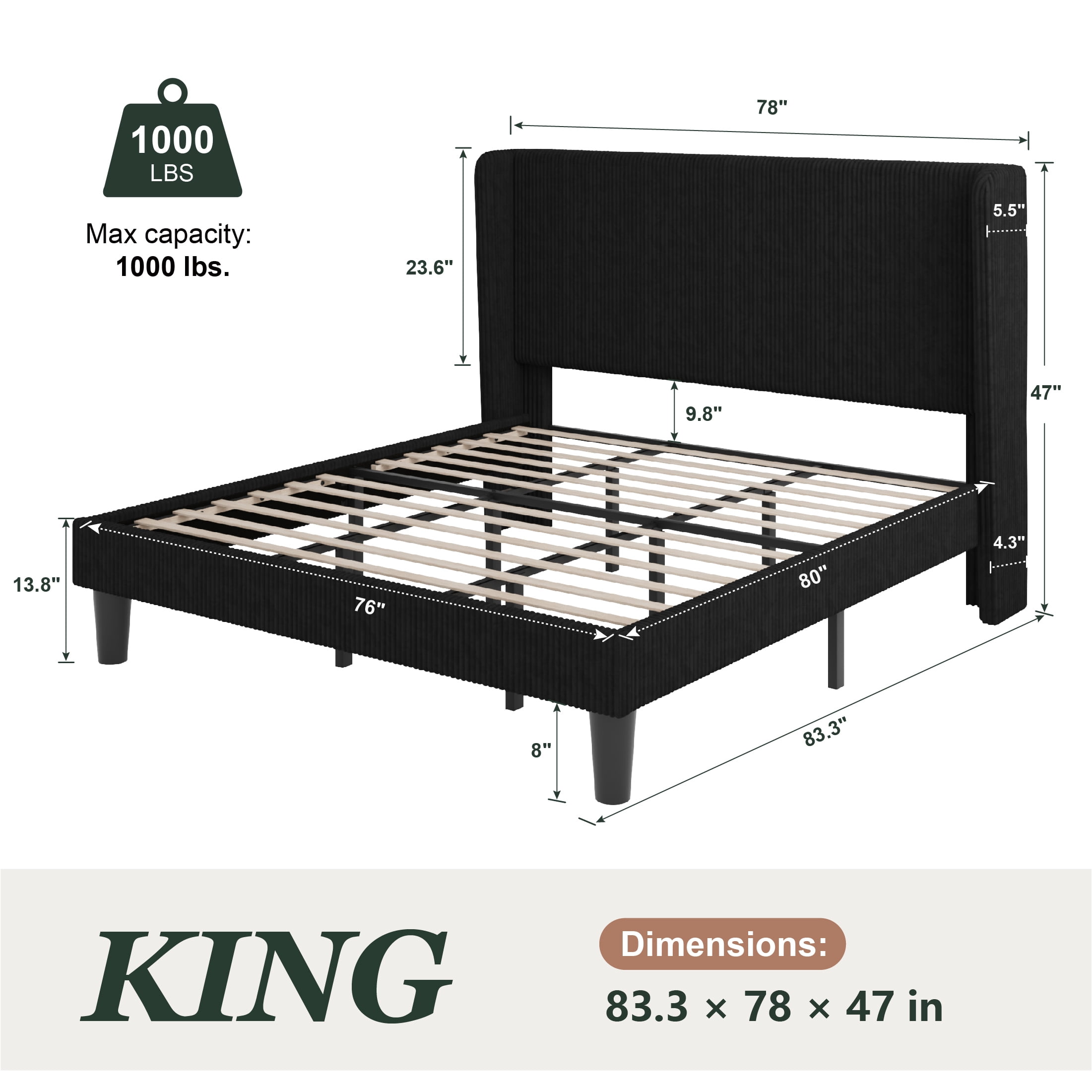 Amolife King Size Platform Bed Frame with Velvet Upholstered Wingback Headboard, Black