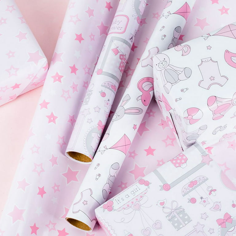 LeZakaa Baby Shower Wrapping Paper - Baby Girl Mini Roll - Bear Toy/ Balloon, Baby/ Star Print in Pink - 17 x 120 Inches - 3 Rolls (42.5 sq.ft.ttl.)