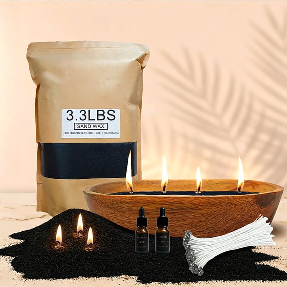 Pearled Candle Sand Gift Set with Wicks,3.3 lbs Sand Wax Candle Kit:Wooden Dough Bowl,100 Wicks,Scented Oil,Up to 360 Hours Burn Time,Non-Toxic,Reusable Candle Making Kit,Black