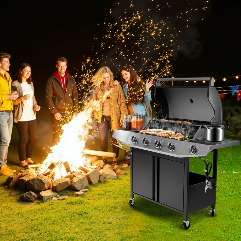 バーベキュー・調理用品 Black LabelFlatBurnerFullBlackverGS-450R Outsunny 4 Burner Propane Gas Grill with Side Burner with