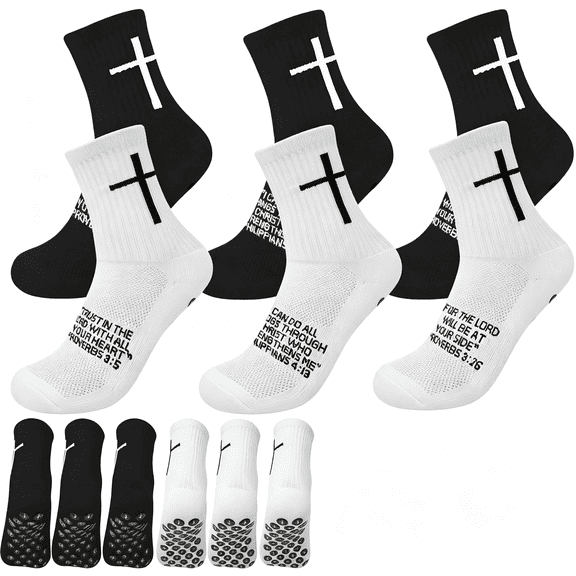 OQRKI 6 Pairs Youth Grip Soccer Socks with Cross-Anti-Slip Grips Kids Socks with Bible Grip Socks Soccer