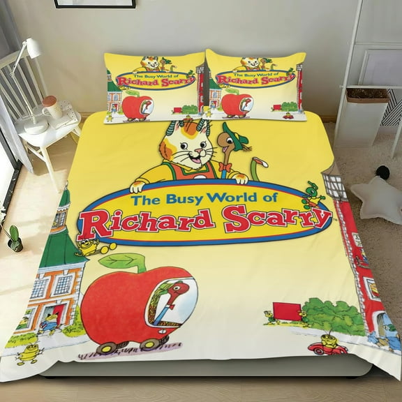 The Busy World of Richard Scarry Themed Bed Sheet Set Three Piece Set 53x79 Inches Comfortable And Skin Friendly Unique Design Creating A Star Studded Night Home Decor Gifts For Family Friends fans