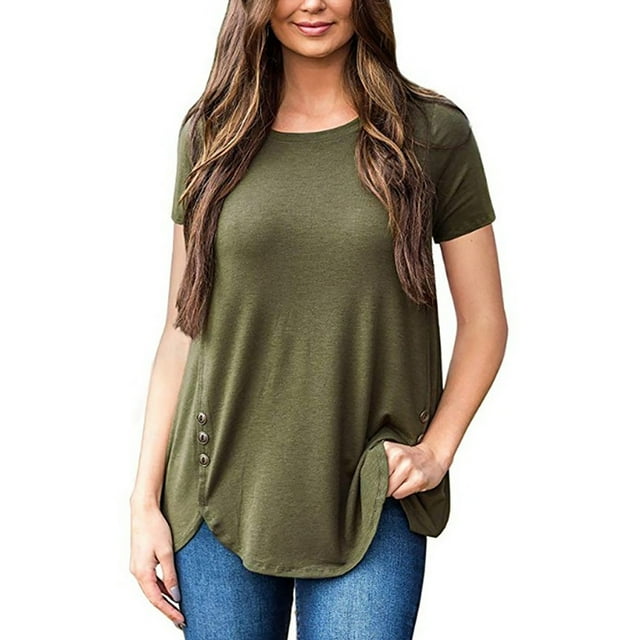 Liquidation! Hauts Grande Taille pour Femmes, Blouse à Manches Courtes d'Été pour Femmes, Nouveau Chandail Uni à Manches Courtes avec Boutons et Col Rond