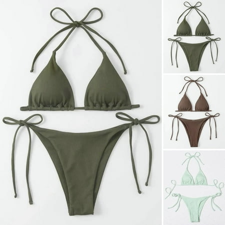 Guiexla 2Pcs/Set Ribbed Backless Pads Bikini Set Halter Triangle Bra Side Tie Thong Swimwear Beachwear