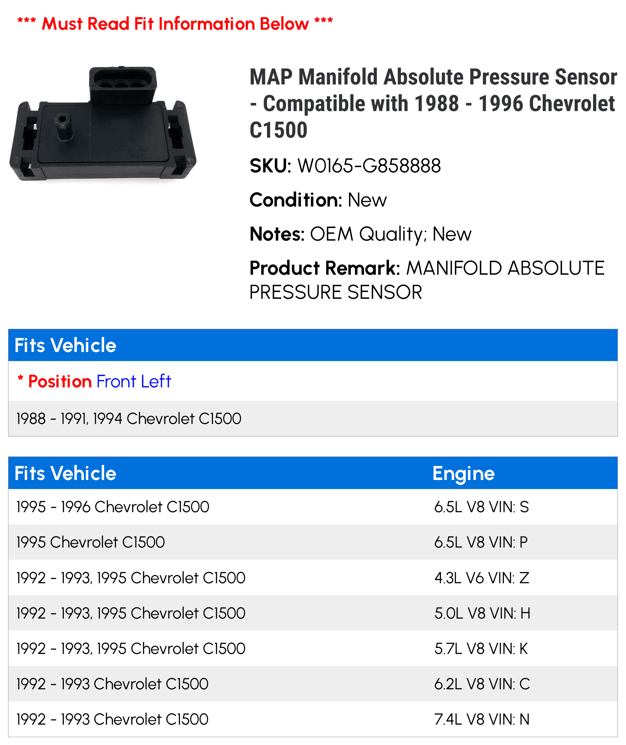 MAP Manifold Absolute Pressure Sensor - Compatible with 1988 - 1996 Chevy C1500 1989 1990 1991 1992 1993 1994 1995