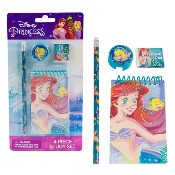 Little Mermaid 4pc Study Kit- Eraser, Sharpener, 25 sheet memo pad, No.2 lead real wood