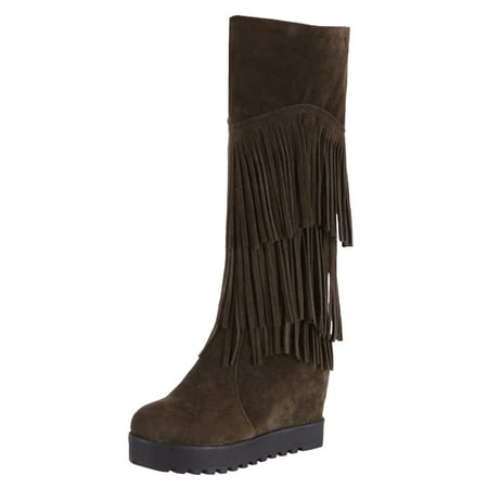 

Wesracia Boots For Women Winter Boots High Women s Women s Size Large Boots Winter Shoes Tassel Leisure Slope Boots Heel Autumn Thign Increasing Women s Boots