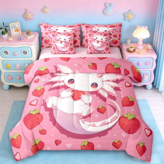 Manfei Ocean Animal Axolotl 7-Piece Twin Bedding Sets,Pink Salamander Bedding Comforter SetRed Starwberry Sheet Sets For Girls Boys,Luxury Bedroom Decor Reversible