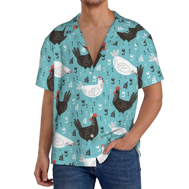Fotbe Lovely Roosters Camisa Estampada de Manga Corta para Hombre, Casual de Verano, Estilo Playero, Sin Arrugas-Large