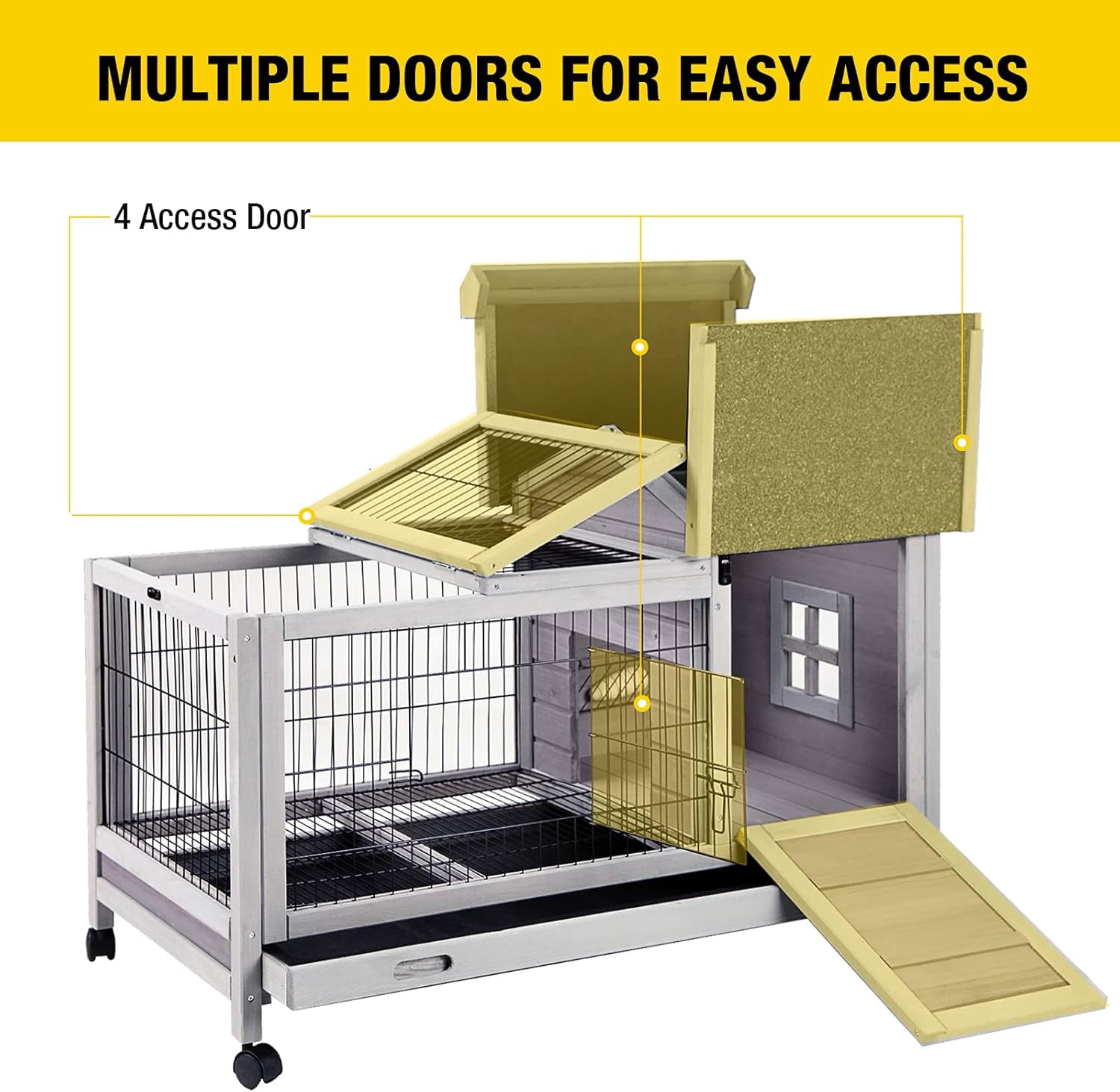 Aivituvin Rabbit Hutch Indoor Bunny Cage Outdoor Bunny House with Wire Floor Leakproof Plastic Tray Gray
