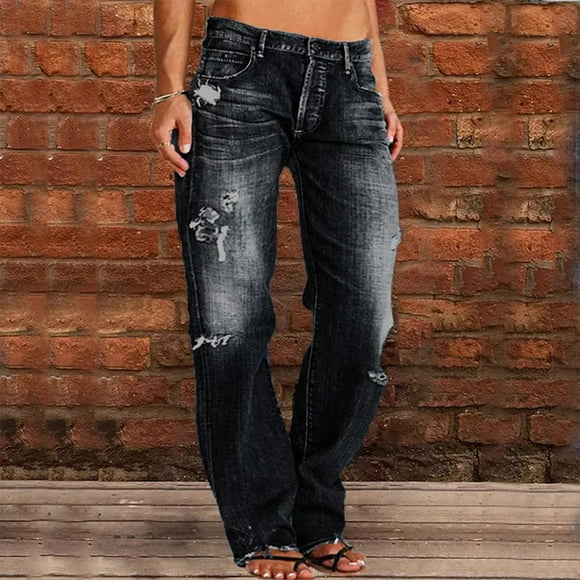 Black Womens Jeans Straight Leg Jeans For Women Ripped Hem Low Waisted Jeans For Women Trendy Jeans for Women