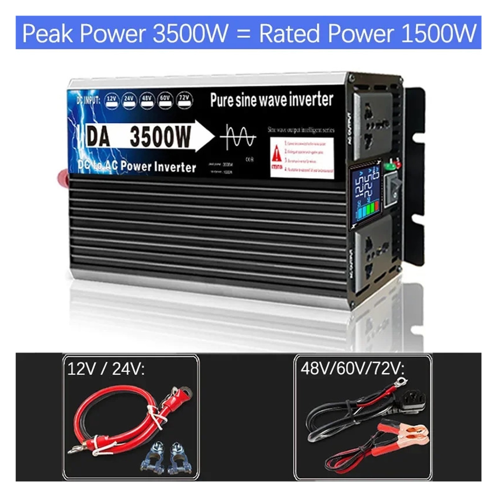 Pure Sine Wave Inverter DC 12/24/48/60/72V TO AC V Off Grid Solar Inverter Converter Transformer for Car Home ,Easy to Operate