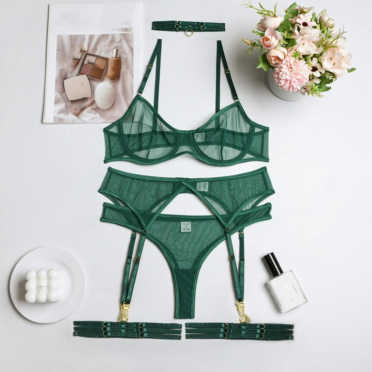 Emerald Green Lace 4-pc Sheer Lingerie Set Wedding Night Honeymoon
