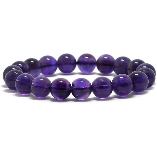 Bracelet Extensible Unisexe en Perles Rondes de 10 mm avec Pierre Précieuse d'Améthyste Naturelle Foncée 7 Pouces