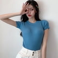 thumbnail image 4 of Women's Spring/Summer O Neck Solid Short Sleeve Tee T-Shirt Knitted Sexy Slim Pullover T-Shirt, 4 of 6
