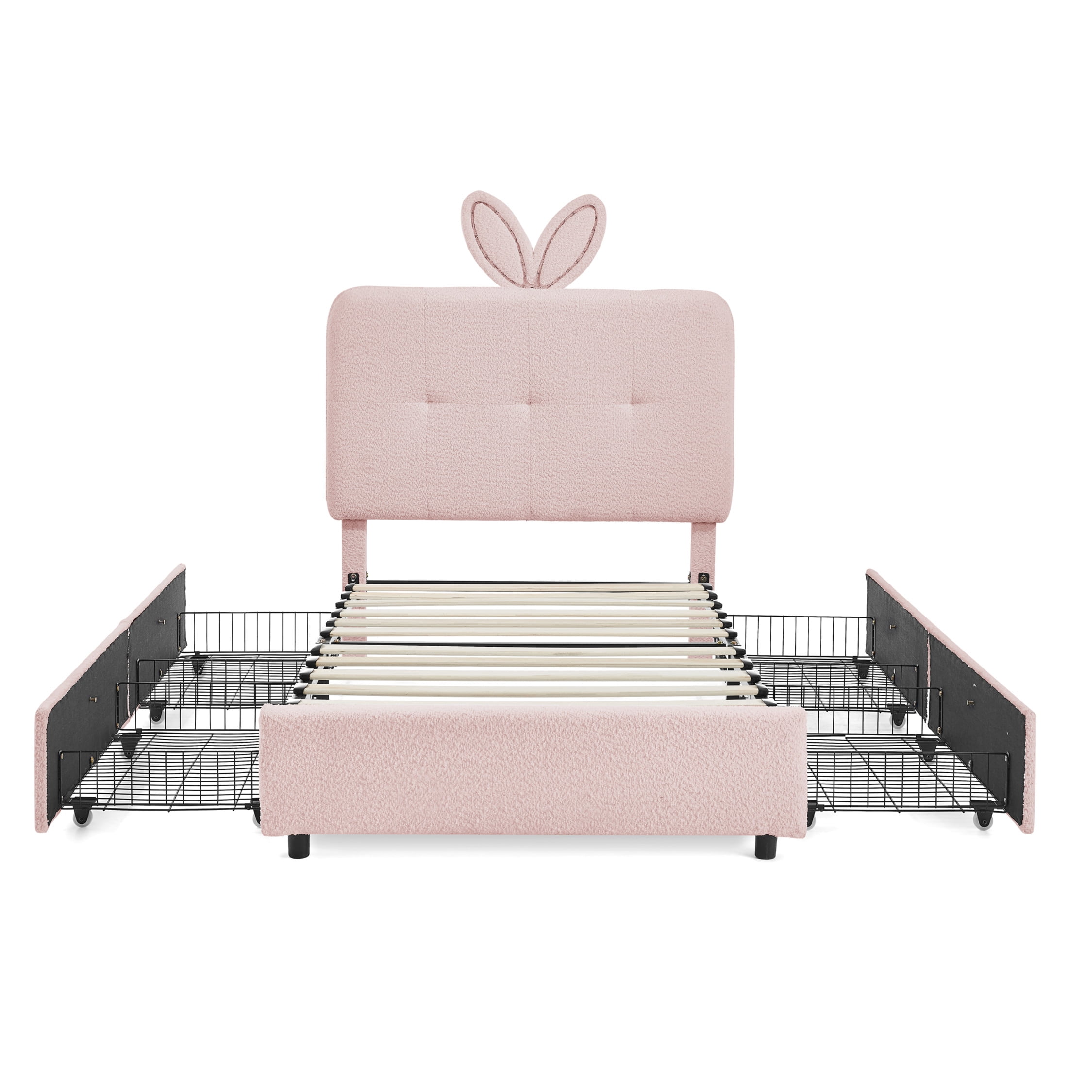 Noble House Bertis Twin Size Boucle Kids Bed, Rabbit Ear Headboard Bed Frame with LED Light and Storage Drawers, Pink