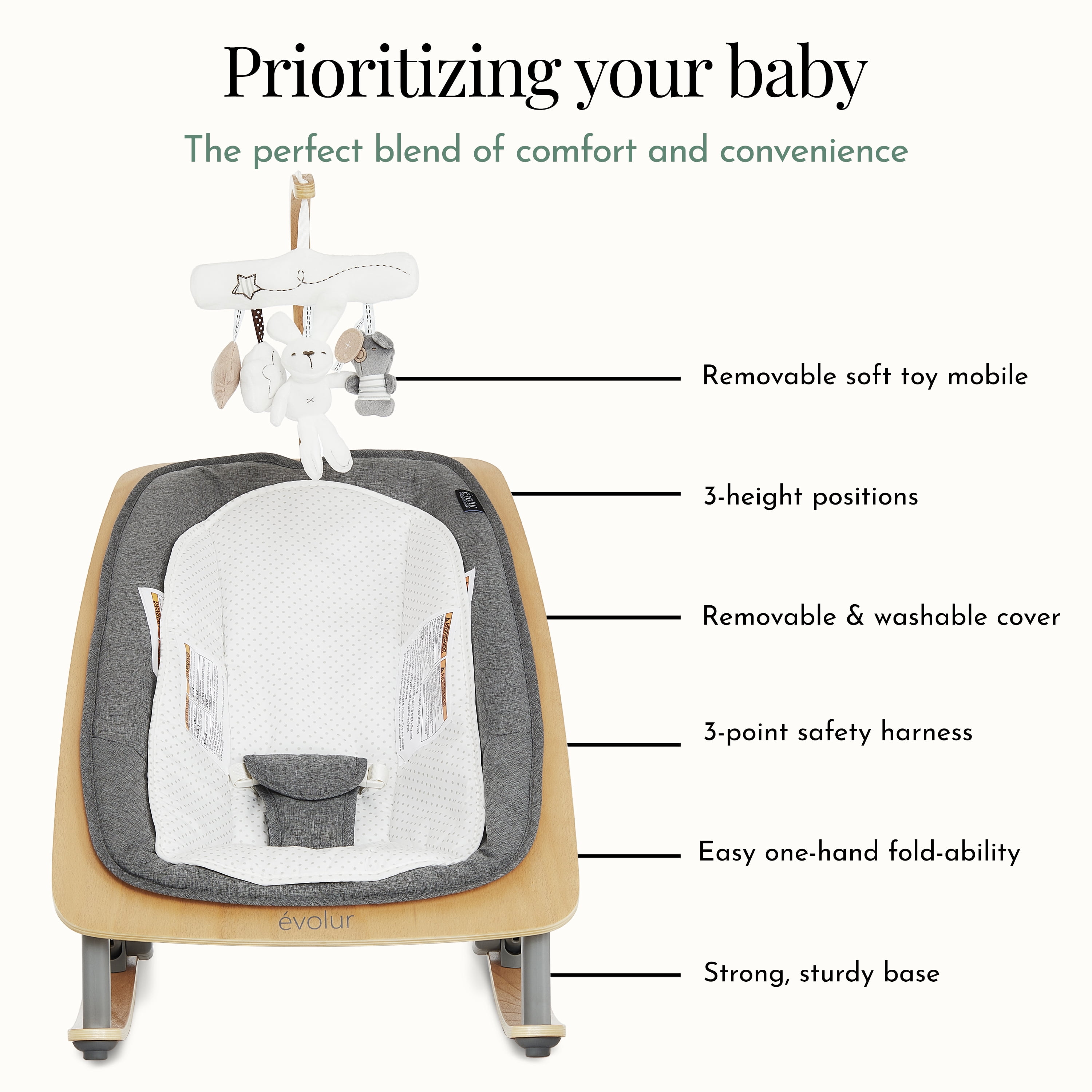 Evolur Tory 2-in-1 Rocker & Chair, Gray