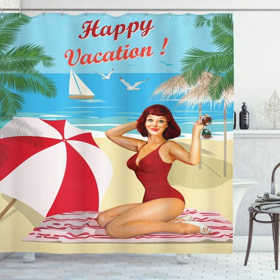 Pin up Girl Shower Curtain, Realistic Illustration of a Woman in Bathing Suits and Happy Vacation Lettering, Fabric Bathroom Set with Hooks, 69W X 84L Inches Extra Long, Multicolor, by Ambesonne