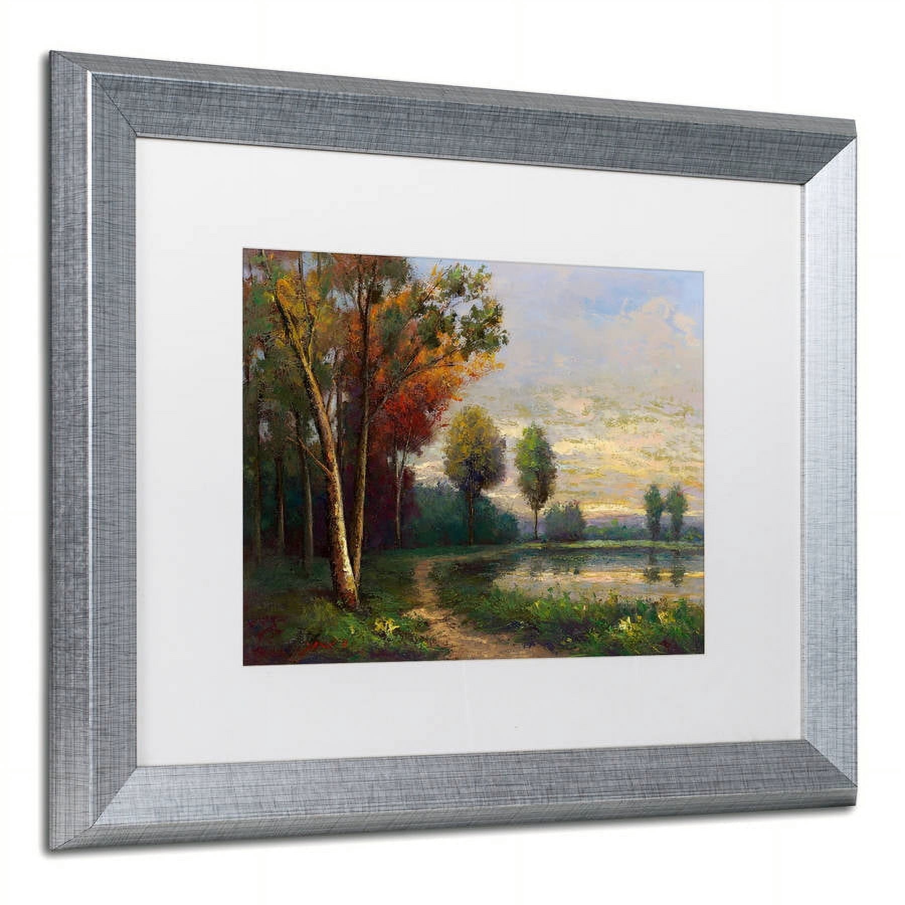 Trademark Fine Art "Landscape with a Lake" Canvas Art by Daniel Moises, White Matte, Silver Frame