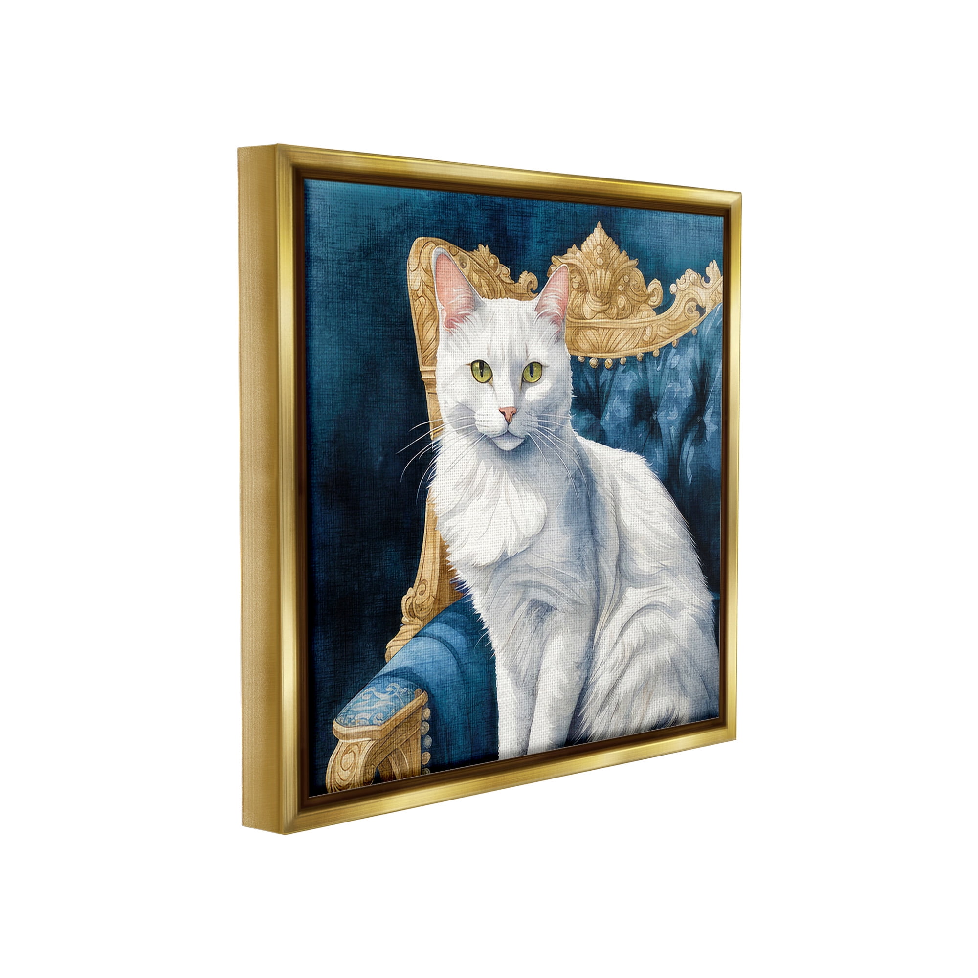 Stupell Industries White Cat & Ornate Chair Animals & Insects Painting Gold Floater Framed Canvas Art Print Wall Art, 25 x 25
