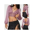 thumbnail image 6 of KelaJuan Women's Summer Fashion Crop Tops Purple Long Sleeve V Neck Sheer Lace Floral T-shirt, 6 of 6