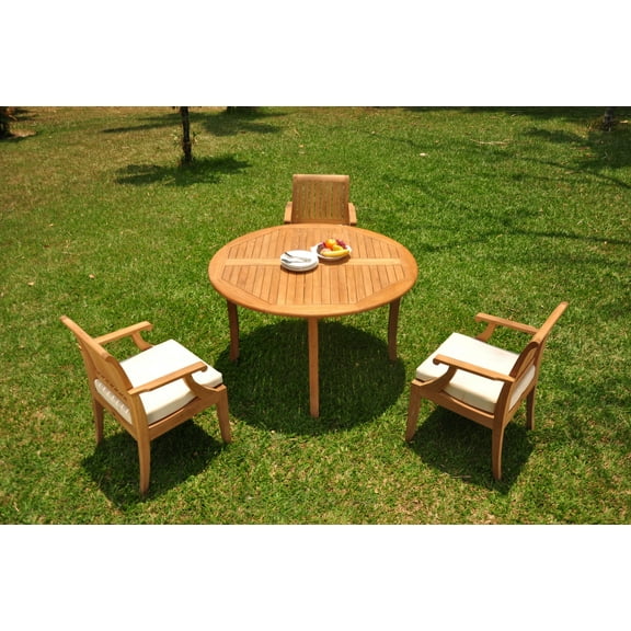 Grade-A Teak Dining Set: 3 Seater 4 Pc: 52" Round Table And 3 Lagos Arm Chairs Outdoor Patio WholesaleTeak #WMLGj