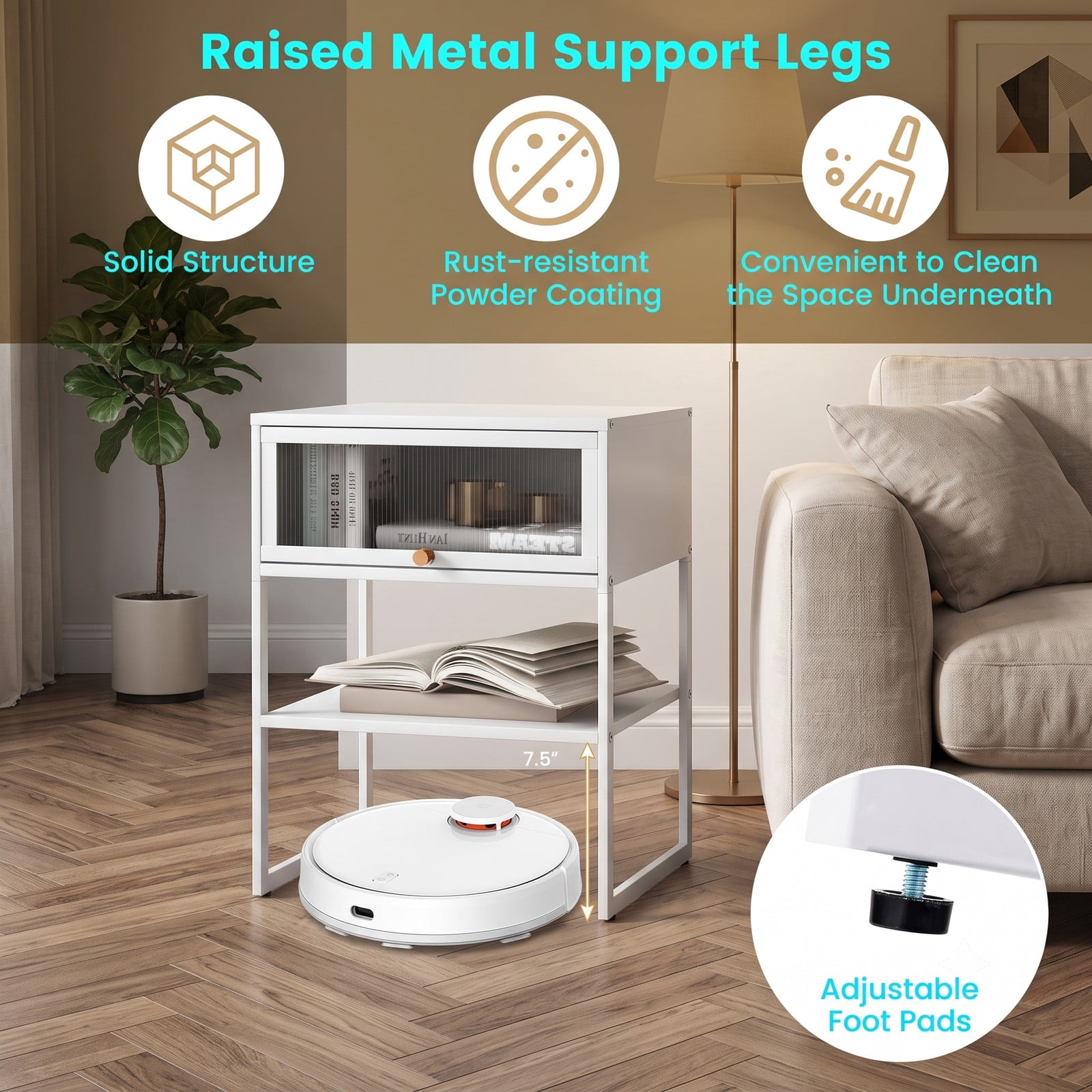 Furnibear 3-Tier Nightstand with Flip Up Fluted Door and Open Bottom Shelf plus Metal Frame for Small Spaces and Bedroom, White